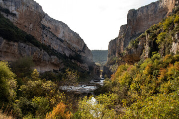 Foz or canyon of Lumbier in autumn, formed by the Irati river. Limestone gorge. Magical place in Navarra, Spain