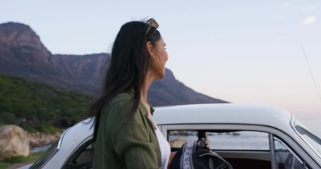 Road trip, couple and stop at beach, summer and holiday freedom, relax and adventure in South Africa. Traveling woman, man and happy people driving to ocean, romantic date and car vacation together