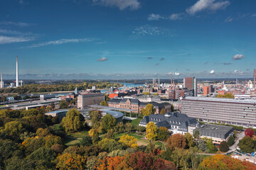 Leverkusen, North Rhine-Westphalia, Germany - October 2022: Aerial autumn panorama of Chempark...