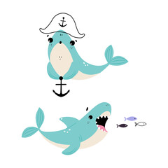 Comic Blue Shark with Fins as Marine Animal Swallowing Fish and with Anchor Vector Set