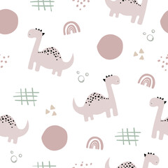 Vector hand drawn seamless pattern with dinosaurs and doodles, dots, spots and rainbow. Modern childish design for wallpaper, textile, gift paper.