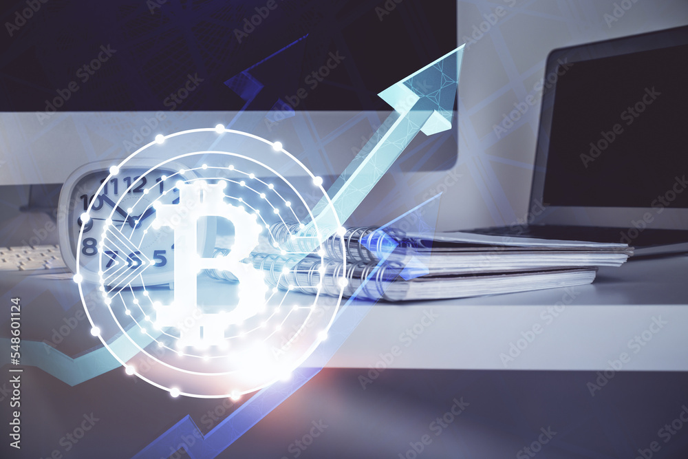 Poster multi exposure of blockchain theme hologram and table with computer background. concept of bitcoin c