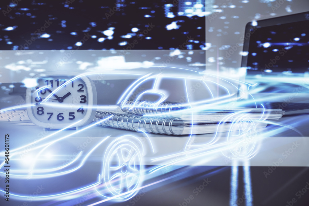 Poster Desktop computer background in office with automobile hologram drawing. Multi exposure. Tech concept.
