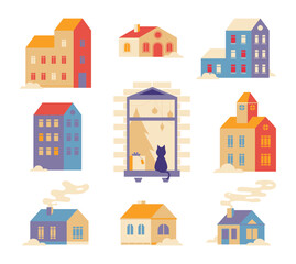 Geometric minimal houses. Christmas winter city buildings. Window with festive interior and cat on windowsill. Vector