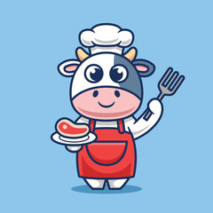 Cute Chef Cow Grill Meat Cartoon Vector Icon Illustration
