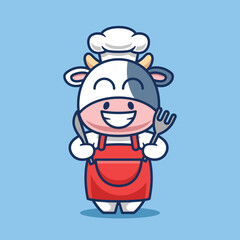 Cute cow chef with fork and knife in hand cartoon vector illustration. Food animals and restaurant icons.