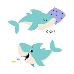 Comic Blue Shark with Fins as Marine Animal Sleeping on Pillow and Swallowing Fish Vector Set