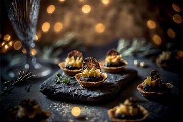 Sumptuous decadent christmas party food, canapes desserts and cakes, landscape format DPS