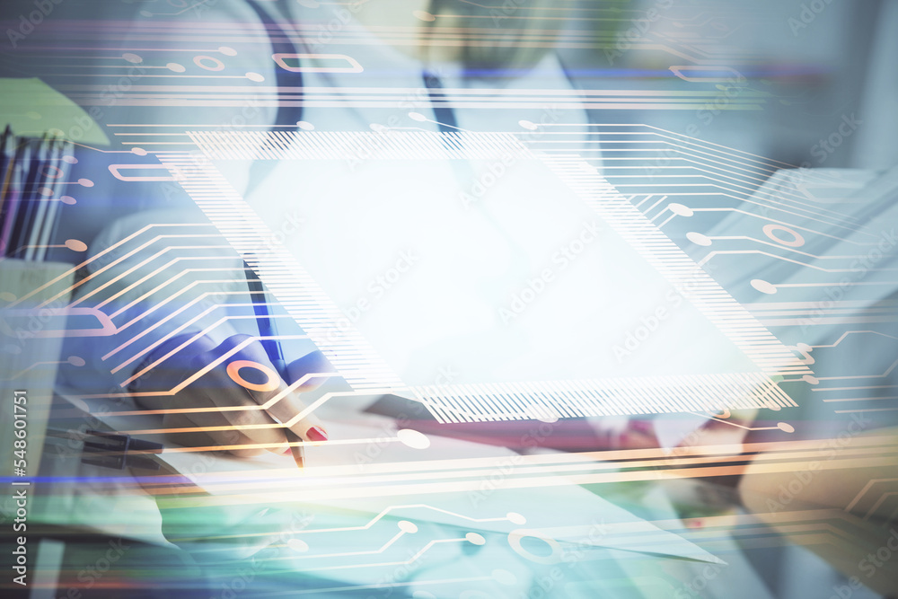 Poster Multi exposure of woman's writing hand on background with data technology hud. Big data concept.
