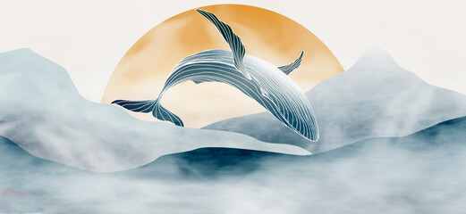 Abstract watercolor art background with mountains and whale in white art line style. Vector banner for decoration, wallpaper, textile, interior design, print. © VectorART