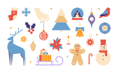 Fototapeta premium Christmas set of festive symbols, design elements. Cute flat illustrations. Winter season holiday. New Year vector