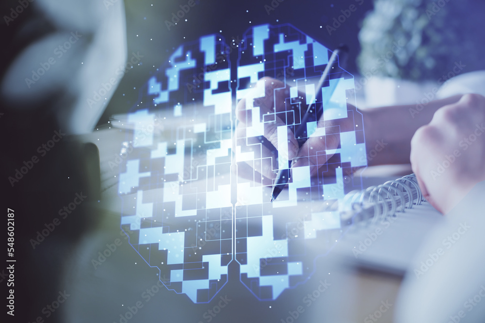 Aufkleber Double exposure of hands making notes background with technology and digital coding huds. Data learning concept.