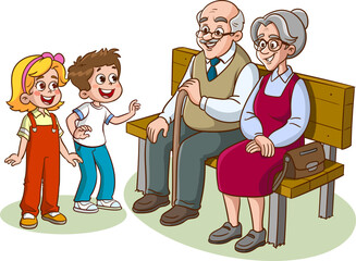 grandparent sitting on bench and grandchild cartoon vector 