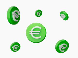 Falling Green coins with euro sign isolated over white background. 3d illustration