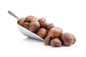 Peeled chestnuts. Sweet roasted chestnuts in scoop isolated on white background.