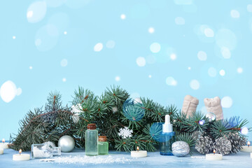 Christmas spa set on light blue background