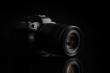 Digital mirrorless camera on black background.