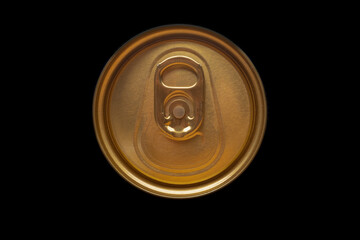 Close-up shot of the top of a canned drink. Top shot of a gold-colored beverage can on a black background. Banner and menu image.