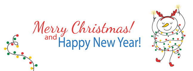 Horizontal background with Christmas snowman vector illustration. Snowman character with xmas garland and sparklers. Merry Christmas wishes. Poster template