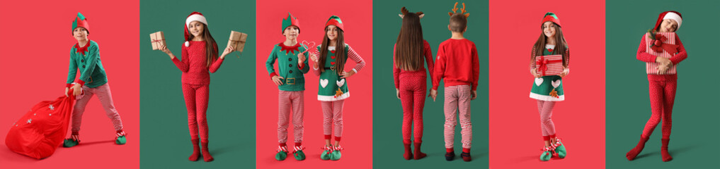 Collage of cute little children in pajamas and Christmas costumes on color background