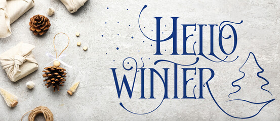 Obraz na płótnie Canvas Banner with beautiful gifts and text HELLO WINTER on grunge background