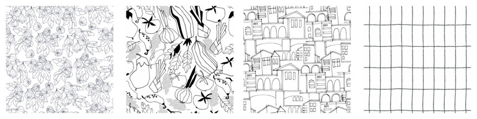 Seamless geometric patterns set with hand drawn uneven ring, checkered, striped, lines for surface design, craft, apparel and other design projects