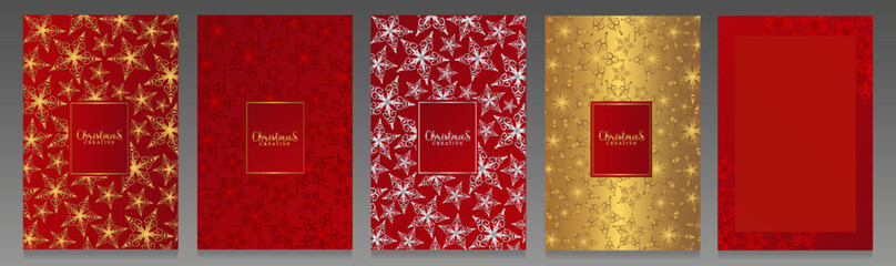 Luxury Christmas covers set. Pattern of gold, red and silver stars on a red gradient background. Metallic brochures, elegant invitations or flyers for festive concept.