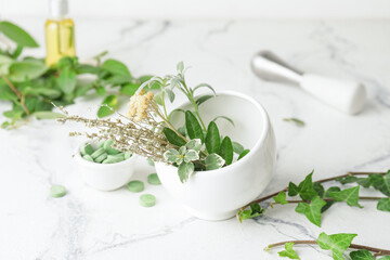Mortar with different herbs and bowl with pills on white background