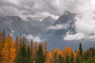 Stormy clouds over Cristallo mountains in the Dolomites, Italy, Europe