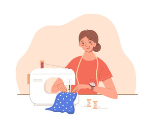 Dressmaker sews on sewing machine. Cute woman works at home. Workplace of fashion designer, tailor, dressmaker. Vector flat illustration isolated on white background.