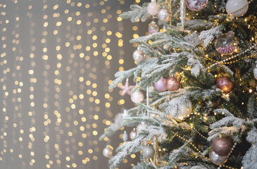 Festive decorated Christmas tree fluffy branches covered by snow and bright golden shiny garland