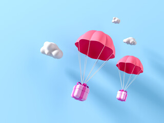 3D Red parachute carrying pink gift box flying through clouds. 3d render illustration