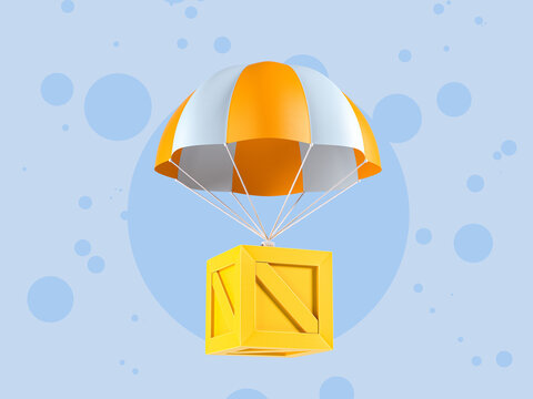 3D Orange parachute carrying wooden yellow gift box flying. 3d render illustration