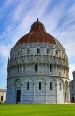 a shot of the Leaning Tower of Pisa. High-resolution shot of the Leaning Tower of Pisa, one of the most important tourist symbols of the world. Text space is available. Shot with polarize filter.