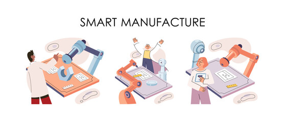 Manufacturing process industry. Scientist robot assembling products. Smart manufacture, automation development metaphor. Smart industry product design, automated production, robots and machinery 4.0
