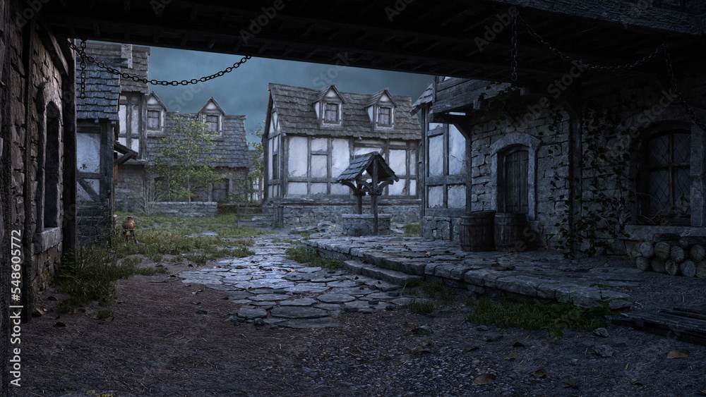 Aufkleber View along a cobbled street under medieval buildings in a fantasy village. 3D rendering