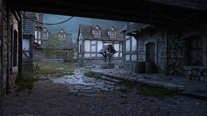 View along a cobbled street under medieval buildings in a fantasy village. 3D rendering © IG Digital Arts