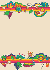 1960s Vintage Style Floral Background. Psychedelic Colorful Flowers Frame