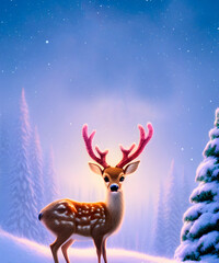 Fototapeta premium cute little deer,christmas atmosphere, new year postcard, blizzard, winter
