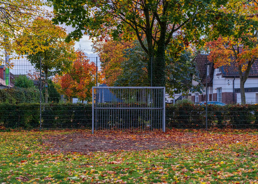  A soccer goal in the center of the field. Football. One goal match. Playgrounds and soccer game. Backgrounds and autumn, solitude and desolation. Gronau, Germany