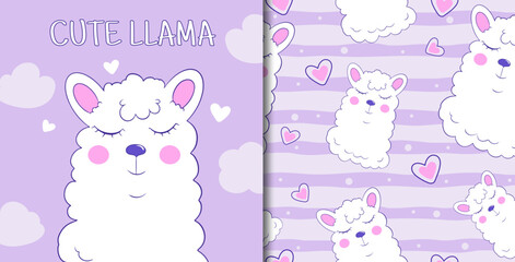 Illustration postcard with cute llama and seamless pattern. Vector print for fabric textiles © Vika92