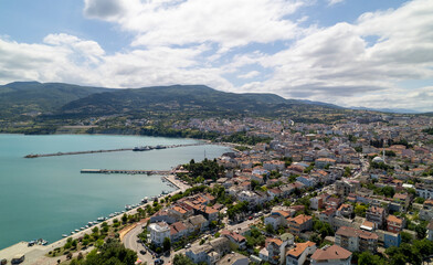 Fototapeta premium Aerial view of Gerze, one of Turkey's charming towns. Aerial shot of the town. Gerze, Sinop, Turkey