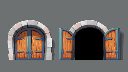 medieval doors open and close in set - 548606955