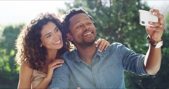 Couple, phone selfie and happy smile, social media and picture for online post, outdoor, holiday and romance. Black man and woman with mobile smartphone, photo or vacation in Italy, happiness or love