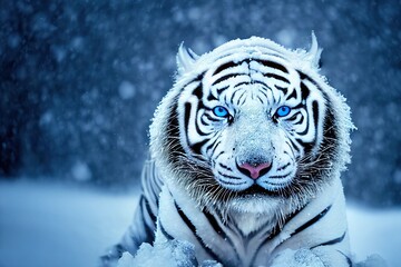 A close-up head of a white tiger living in a snow-covered forest and winter landscape with copy space. 3D rendering.