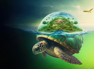 Fototapeta na wymiar A tropical island with trees and a paradise forest, floating in the sea and made on the shell of a swimming, giant green turtle. Background with copy space