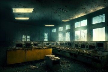 Abandoned radioactive control room of Chernobyl old Ukrainian Nuclear power plant. Nuclear ruins of Chernobyl in Ukraine because of nuclear incident in 1986 by Pripyat city, Soviet Union. 3D render