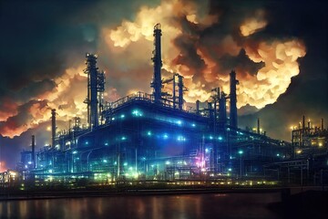 A colorful lit chemicals factory at night, with colourful neon lights. Pipelines and smokestacks with rising smoke, symbolizing pollution and rising gas prices. 3D illustration and digital painting.