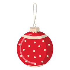 Christmas toy red Christmas tree ball with beige polka dots on a string. Vector Christmas illustration in the style of flats.