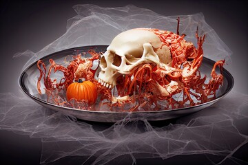 An artistic dish featuring human body parts, brains, guts, skulls, and bones set with harmful pumpkin for Halloween dinner for voodoo rituals. Framed on a isolated black background and smoke.